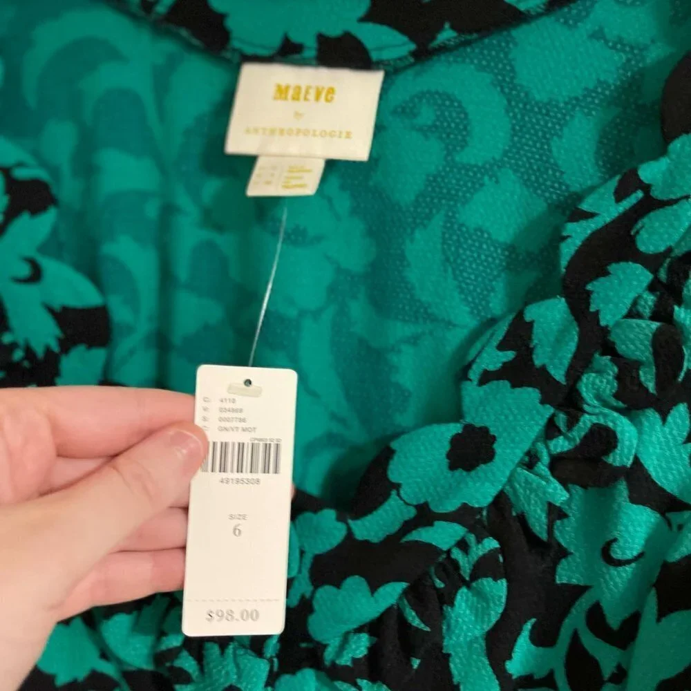 Maeve by Anthropologie Green Black Floral Scalloped Edge Top Assey Blouse Size 6 - Picture 5 of 12